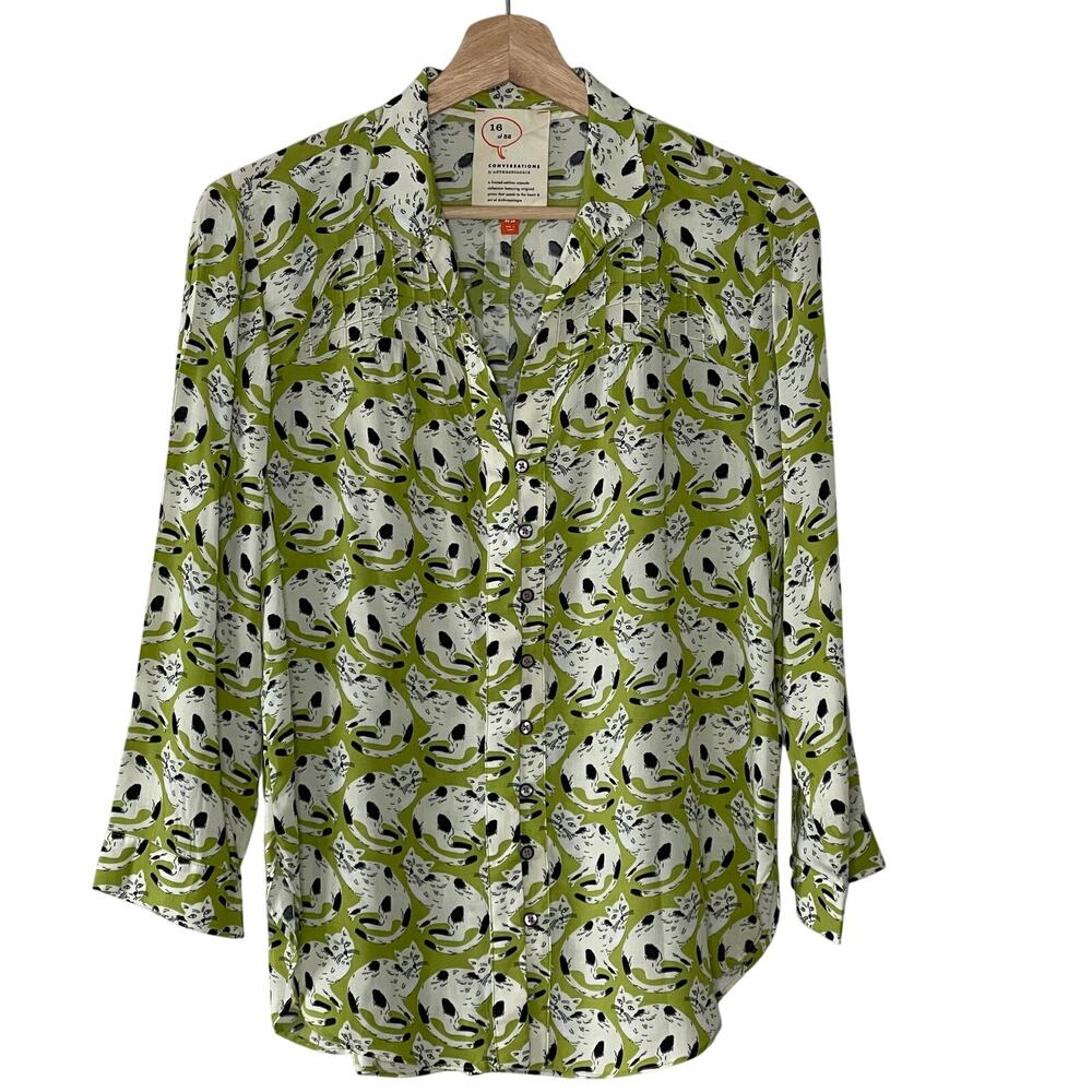 52‎ Conversations  by Anthropologie Colloquial Cat Print Shirt Size 2